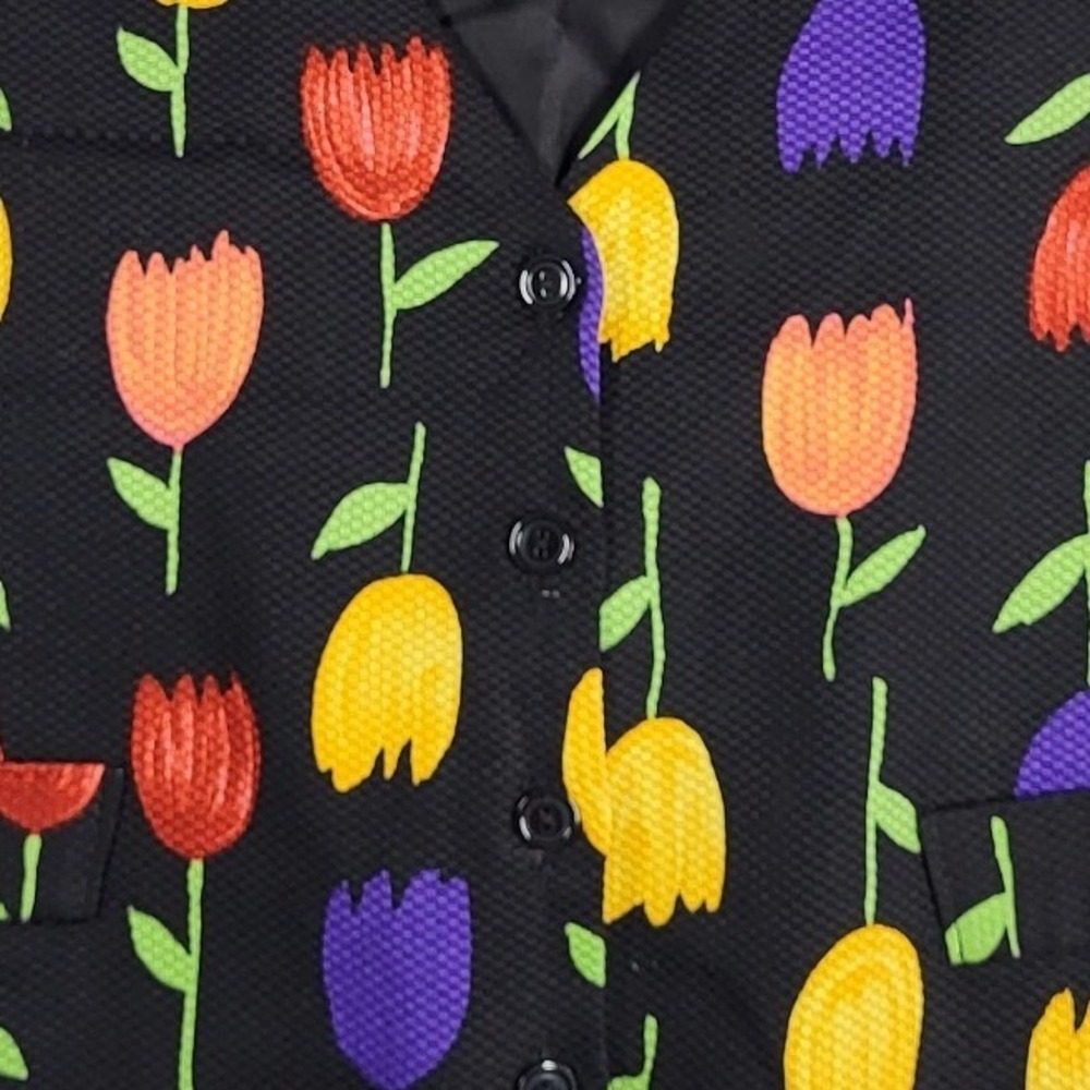VTG Tulip Print Vest Womens L Black Floral Cottagecore Garden Floral USA 90s - Picture 9 of 9
